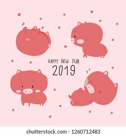 Print - new year cartoon card 2019, cute pig illustration design, pastel, living coral colour