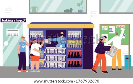 Print news sale flat composition with outdoor scenery and human characters purchasing magazines in newspaper stall vector illustration