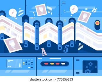 Print newspaper in printing house. Publishing and polygraphy. Vector illustration