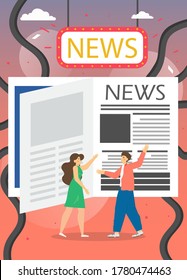 Print newspaper vector poster template. People reading huge newspaper and discussing the latest events. Breaking headlines, world, local news. Press and mass media. Flat style design illustration.