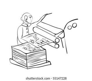 Print newspapers and working man. Cartoon