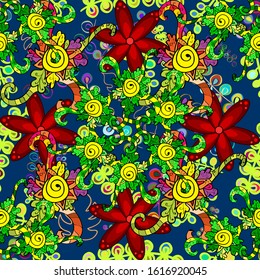 Print. Nice fabric pattern. Doodles black, green and blue on colors. Design. Flat elements. Vector.