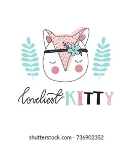 Print for nursery. Scandinavian style baby print. Hand drawn vector illustration with kitty. Vector lettering.