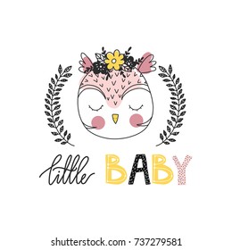 Print for nursery. Scandinavian style baby print. Hand drawn vector illustration with owl. Vector lettering.