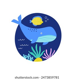 Print with ocean animals and seaweed. Cute whale, fish, plants on a blue background. Vector illustration