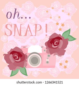 print oh snap camera on pink rose background vector illustration design