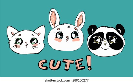 Print on children's T-shirt. Print children, cute. cat, panda, rabbit vector illustration