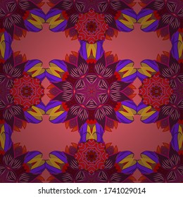 Print on cloth template. Tropical palm leaves seamless. Manifold leaves on pink, purple and red colors. Leaves of palm. Jungle pattern. Vector illustration.