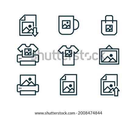 Print on demand icons collection - image file, file download, upload, printer, print on t-shirt, mug, tote bag, canvas. Applicable for print on demand service. Vector illustration