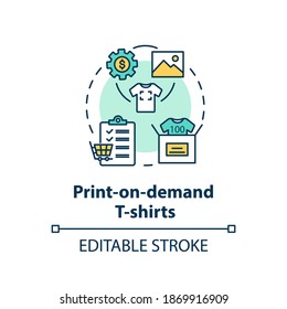 Print on demand T shirts concept icon. Fashion marketplace, online business idea thin line illustration. Customizable clothing service. Vector isolated outline RGB color drawing. Editable stroke