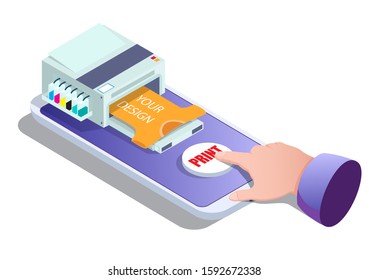 Print on demand vector concept illustration. Isometric finger tapping print button on smartphone touchscreen. Custom t-shirt printing online.