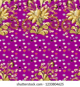For print on fabric, textiles, wallpaper. Seamless pattern with colorful paisley, purple, brown and beige flowers and decorative elements. Vector illustration. Seamless background. Vintage retro style