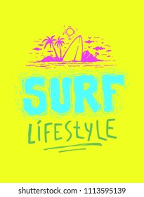 Print on surfing theme.  Design for clothing, souvenir products, smartphone cases. Hand drawn lettering.