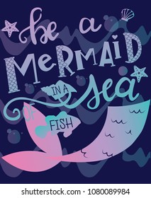 print on the T-shirt be a mermaid swim in the sea with the fishes. Print for covers, wallpaper, poster, web, collection, textiles, clothing, backpack.