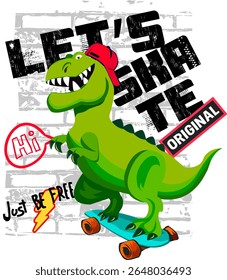 Imprima em uma camiseta com um dinossauro de desenho animado em um skate. Vamos patinar. Impressão para a web, têxteis, tecido, papel de embrulho, roupas, mochilas, papel de parede, capa, aberto.