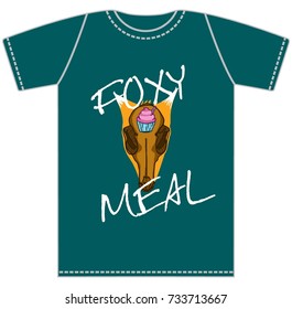 Print on a T-shirt with fox skull and cupcake