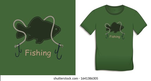 Print on t-shirt graphics design, motive green image, fish carp with rope and hooks, isolated on background vector