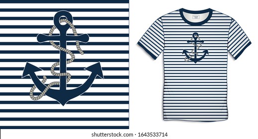 Drucken Sie auf dem Grafikdesign des T-Shirts, auf den Sailor-Stripes für Motive mit Anker und Seil, einzeln auf der Vektorillustration