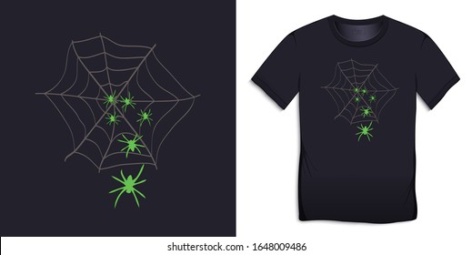 Print on t-shirt graphics design, spider web with spiders, isolated on background vector