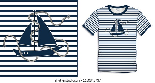 Print on t-shirt graphics design, sailing boat with rope, nautical motive image shirt sailor stripes, isolated on background vector