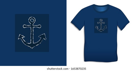 Imprimir en el diseño gráfico de pantalones t, tiza de icono de anclaje, vector de fondo azul