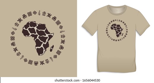 Print on t-shirt graphics design, Africa Map with Adinkra symbols, African hieroglyphs motive image, isolated on background vector