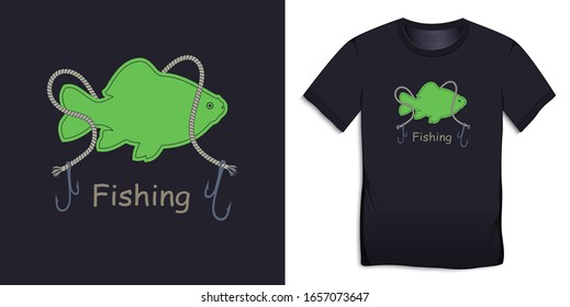 Print on t-shirt graphics design, motive image, fish carp with rope and hooks, isolated on background vector