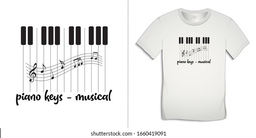 Print on t-shirt graphics design, piano keys musical with music notes, isolated on white background vector