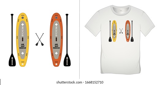 Print on t-shirt graphics design, Paddle board and surfboard, air sup rescue, , isolated on white background vector