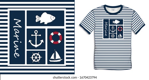 Druck auf T-Shirt-Grafiken Design Sailor-Streifen, nautische Symbole Sammlungsanker, Fischkarpfen, Segelboot, Ruder, Rettungsboje einzeln auf weißem Hintergrund Vektorillustration