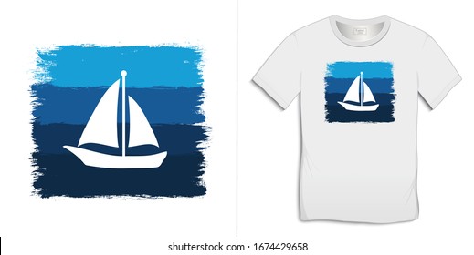 Drucken Sie auf T-Shirt-Grafikdesign, malen Sie Blau und Segelboot einzeln auf weißem Hintergrund Vektorillustration