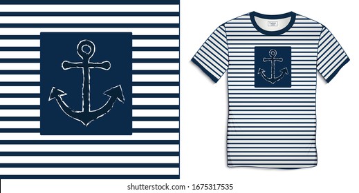 Print on t-shirt graphics design, anchor icon chalky, sailor stripes  background vector