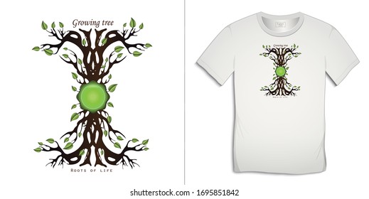 Print on t-shirt graphics design, Growing tree with roots abstract design, isolated on background vector