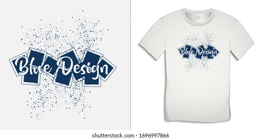 Print on t-shirt graphics design, blue spattered spray circles and squares, white background vector