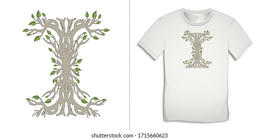 Print on t-shirt graphics design, tree silhouette abstract with leaves and roots, isolated on white background vector