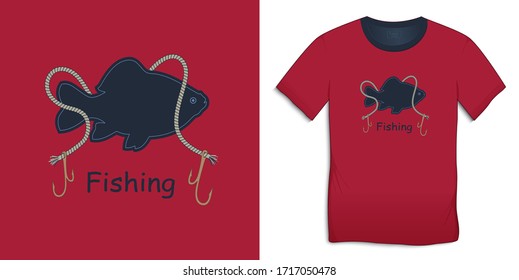 Print on t-shirt graphics design, fish carp with rope and hooks, isolated on background  vector