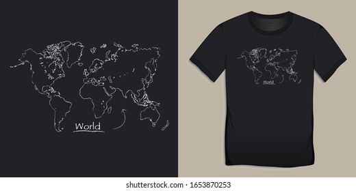 Print on t-shirt graphics design,World map chalky, black shirt like blackboard, isolated on background vector