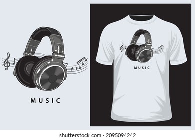 Print on a T-shirt with headphones. Prints for clothes, postcards, wallpapers, T-shirts