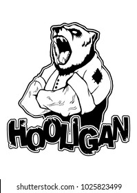 print on T-shirt "hooligan" with a bear image