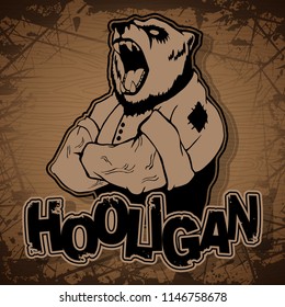 print on T-shirt "hooligan" with a bear image on a wooden backgraund.