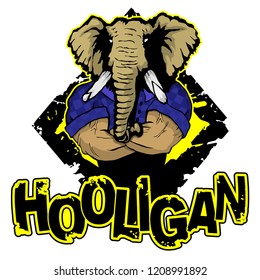print on the T-shirt "hooligan" with the image of an elephant. Vector illustration.