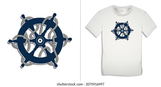 Print on t-shirt marine graphics design, rudder icon with rope, white background vector