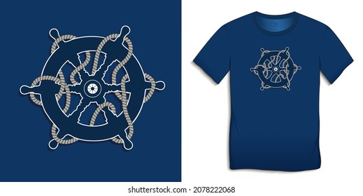 Imprimir en camiseta diseño de gráficos marinos, icono de timón con cuerda, vector de fondo azul