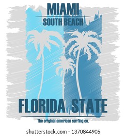 Print on t-shirt on Miami theme, vintage design for clothes, vector image, flat style, grunge design, typography, original wear, sportswear, souvenir products, poster postcard.