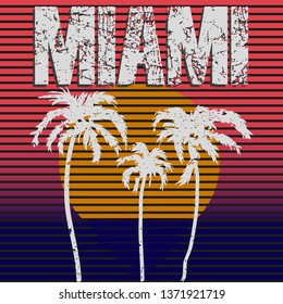 Print on t-shirt on Miami theme, vintage design for clothes, vector image, flat style, grunge design, typography, original wear, sportswear, souvenir products, poster postcard.