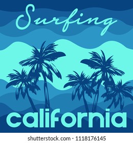 print on t-shirt, print on surfing theme, vintage design for clothes, vector image, flat style, grunge design, typography, original wear, sportswear, souvenir products, poster postcard