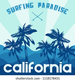 print on t-shirt, print on surfing theme, vintage design for clothes, vector image, flat style, grunge design, typography, original wear, sportswear, souvenir products, poster postcard