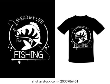 Print on a T-shirt on the theme of fishing. Perch on the hook. Fish and fishing rod design for clothing.
