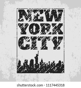 print on a t-shirt, print on the theme of new york city, design of vintage clothing, flat style, vector image, grunge design, typography, original clothing, sportswear, souvenir production, poster