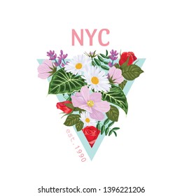 Print on a t-shirt with a triangle of flowers and leaves and the inscription NYC. Vector illustration.